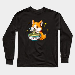 Cute Corgi Eating Ramen Soup Dog Lover Long Sleeve T-Shirt